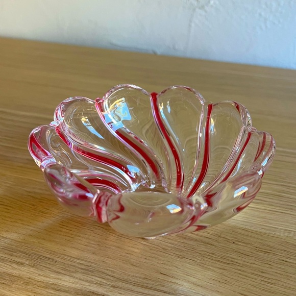 Art Glass Swirled Bowl with Cranberry Veins - 6” Diameter Candy Dish - Picture 1 of 8